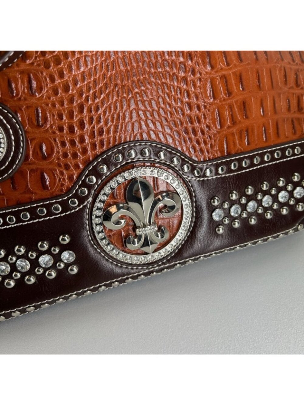 Silverake Shoulder Tote Bag Fleur De Lis Rhinestone Studded Croc Textured Brown - Picture 16 of 16